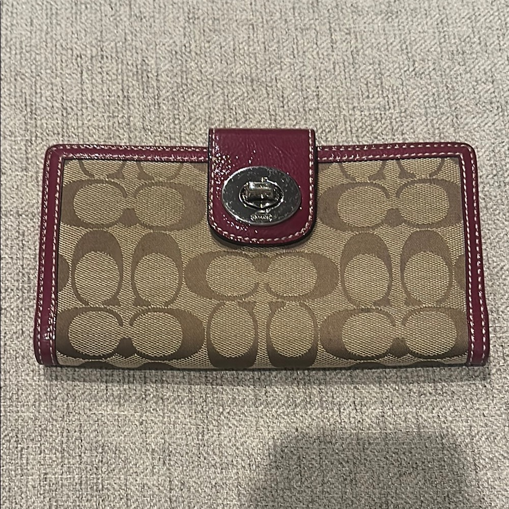Coach Tan and Burgundy Canvas Wallet